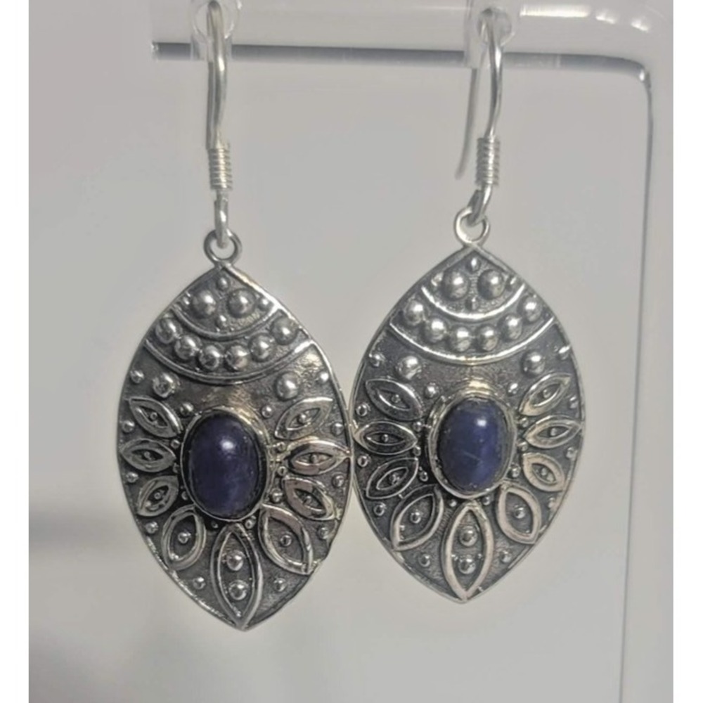 Sterling Silver 925 Blue Lapis Stone Dangle‎ Drop Earrings Boho Womens Statement